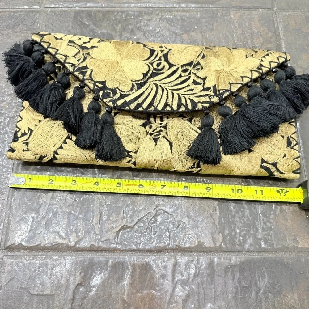 Black & Gold Embroidered Tassel Clutch Boho Statement Envelope Bag